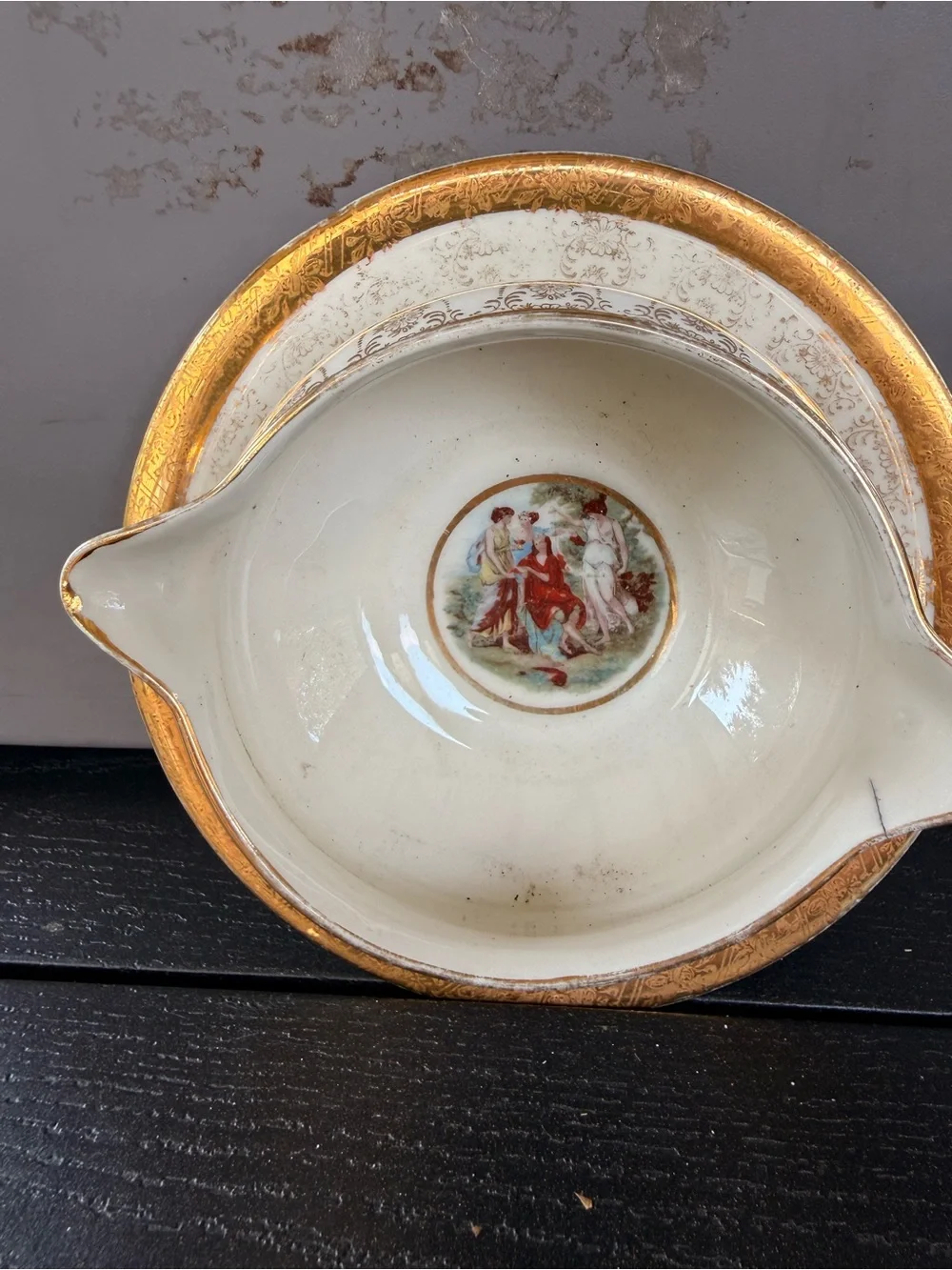Vintage Gold-Trim Porcelain Gravy Boat with Classical Scene